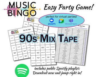 90s Music Bingo - 30 Unique Cards, Spotify Playlist (Digital Download)