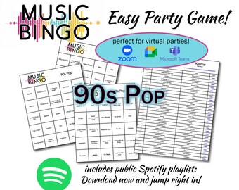 90s Pop Music Bingo – 30 Unique Cards, Spotify Playlist (Digital Download)