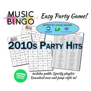 以下が含まれることがあります： 2010 年代のパーティーヒットをテーマにした、印刷可能な音楽ビンゴゲーム。このゲームには、2010 年代のヒット曲のリストと、曲が再生されるにつれてチェックするマスのあるビンゴカードが含まれています。このゲームは、バーチャルパーティーに最適で、公開されている Spotify プレイリストも含まれています。