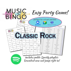 Classic Rock Musik Bingo - Virtuelles Partyspiel - 30 Einzigartige Karten - Spotify Playlist - Einfach zu Spielen