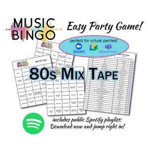 80s Mix Tape Music Bingo - Jogo de festa virtual - 30 cartas exclusivas - Lista de reprodução do Spotify - Fácil de jogar