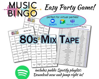 80s Music Bingo Game – 30 Unique Cards, Spotify Playlist (Digital Download)