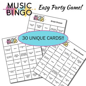 Może przedstawiać: Zestaw 30 unikalnych, drukowanych kart do gry w muzyczne bingo na wiecz&oacute;r panieński. Karty zawierają r&oacute;żne popularne tytuły piosenek, w tym "Love You Like a Love Song", "Single Ladies", "Drops of Jupiter" i "Crazy Little Thing Called Love".