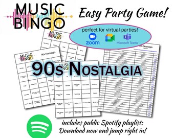 90s Nostalgia Music Bingo – 30 Unique Cards, Spotify Playlist (Digital Download)