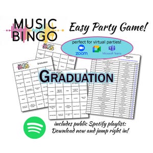 Op de afbeelding: Een printbaar muziekbingo-spel voor afstudeerfeesten. Het spel bevat een Spotify-playlist en instructies voor het virtueel spelen op Zoom of Microsoft Teams. Het spel heeft een afstudeerthema met een zwart-wit ontwerp.