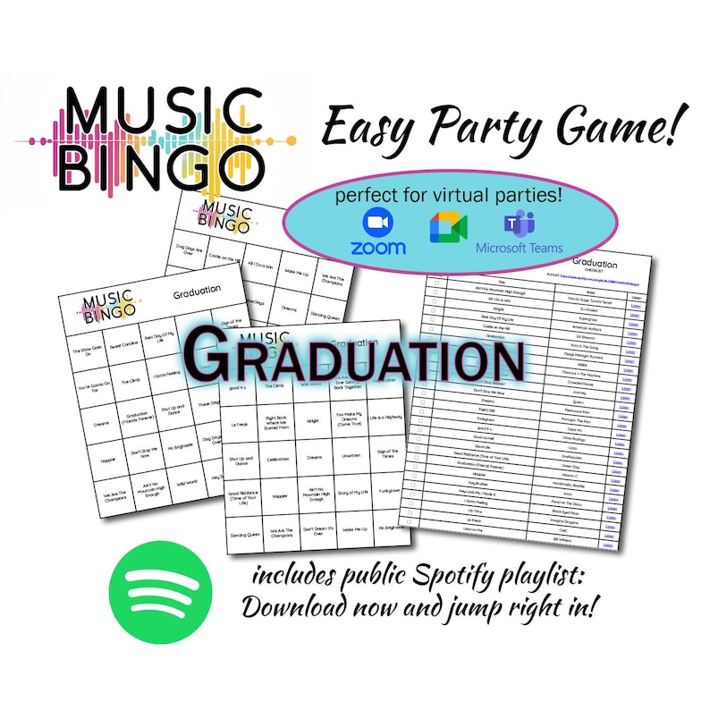 Op de afbeelding: Een printbaar muziekbingo-spel voor afstudeerfeesten. Het spel bevat een Spotify-playlist en instructies voor het virtueel spelen op Zoom of Microsoft Teams. Het spel heeft een afstudeerthema met een zwart-wit ontwerp.
