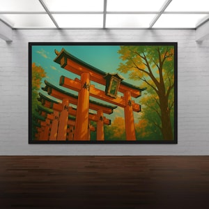 Torii Gate Wall Art, Japanese Shrine Illustration, Anime Style Temple Print, Cozy Manga Landscape, Vibrant Japan Decor, Digital Download
