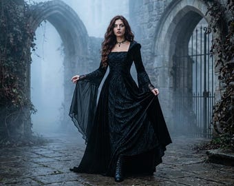 May include: A floor-length black dress featuring a square neckline, long flared sleeves with sheer fabric panels, and a textured bodice. The garment has a full skirt with a subtle patterned overlay and is paired with black lace-up boots.