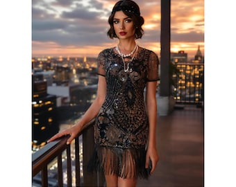 1920s Black Sequin Flapper Dress, Art Deco Evening Party