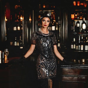 1920s Flapper Gatsby Dress, Vintage Art Deco Evening Party Dress, Retro Downton Abbey Style, Black Sequin Midi Dress