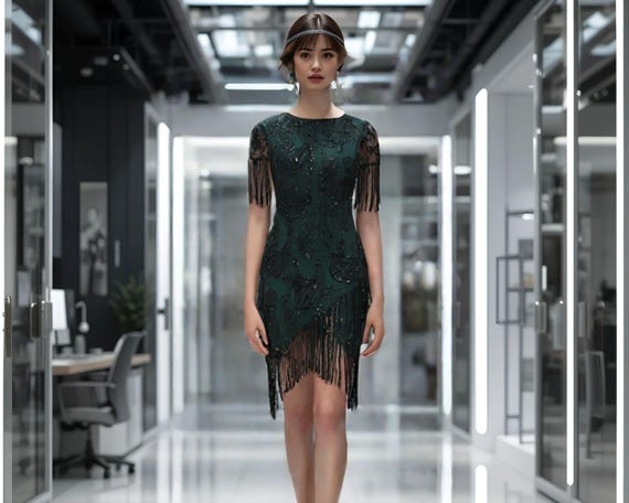 green sequin flapper dress Handmade 1920s Dress: Fringe, Downton Abbey Style authentic 1920s flapper dress