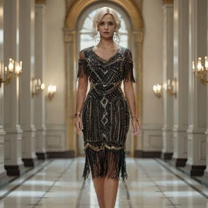 1920s Flapper Dress: Art Deco Sequin Fringe Party Dress