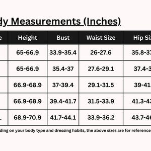May include: A chart showing body measurements in inches for different sizes of clothing. The chart includes measurements for height, bust, waist, and hip.