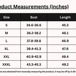 May include: A size chart showing bust and length measurements in inches for sizes S through XXXL.