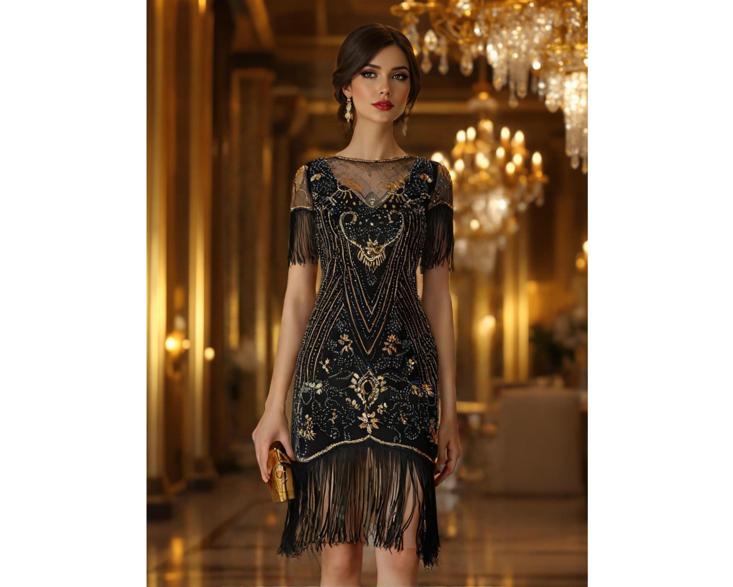 black fringe flapper dress BABEYOND Opulent Floral Beaded Fringe 1920s Sequin Flapper Dress, Golden Roaring 20s Gatsby Party Costume, Lavender, Size 10