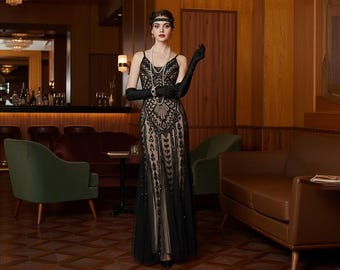 1920s Flapper Gatsby Dress, Black Sequin Vintage Dress, Downton Abbey Dress, Art Deco 1920 Party Dress,