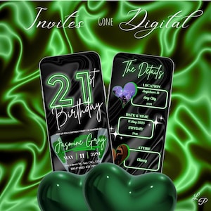 Digital 21st Birthday Invitation, Green Girls Lipstick Invite, For Her, Women Animated Evite, Editable Template, Green Hearts, Green Mimosas