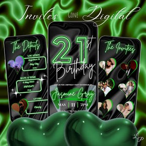 Digital 21st Birthday Invitation, Green Girls Lipstick Invite, For Her, Women Animated Evite, Editable Template, Green Hearts, Green Mimosas