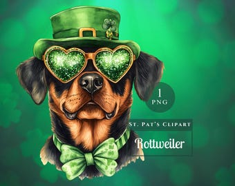 St. Patrick’s Day Rottweiler Clipart – Lucky Dog PNG, Leprechaun Hat, Shamrock Glasses, Digital Download for Sublimation & Crafts