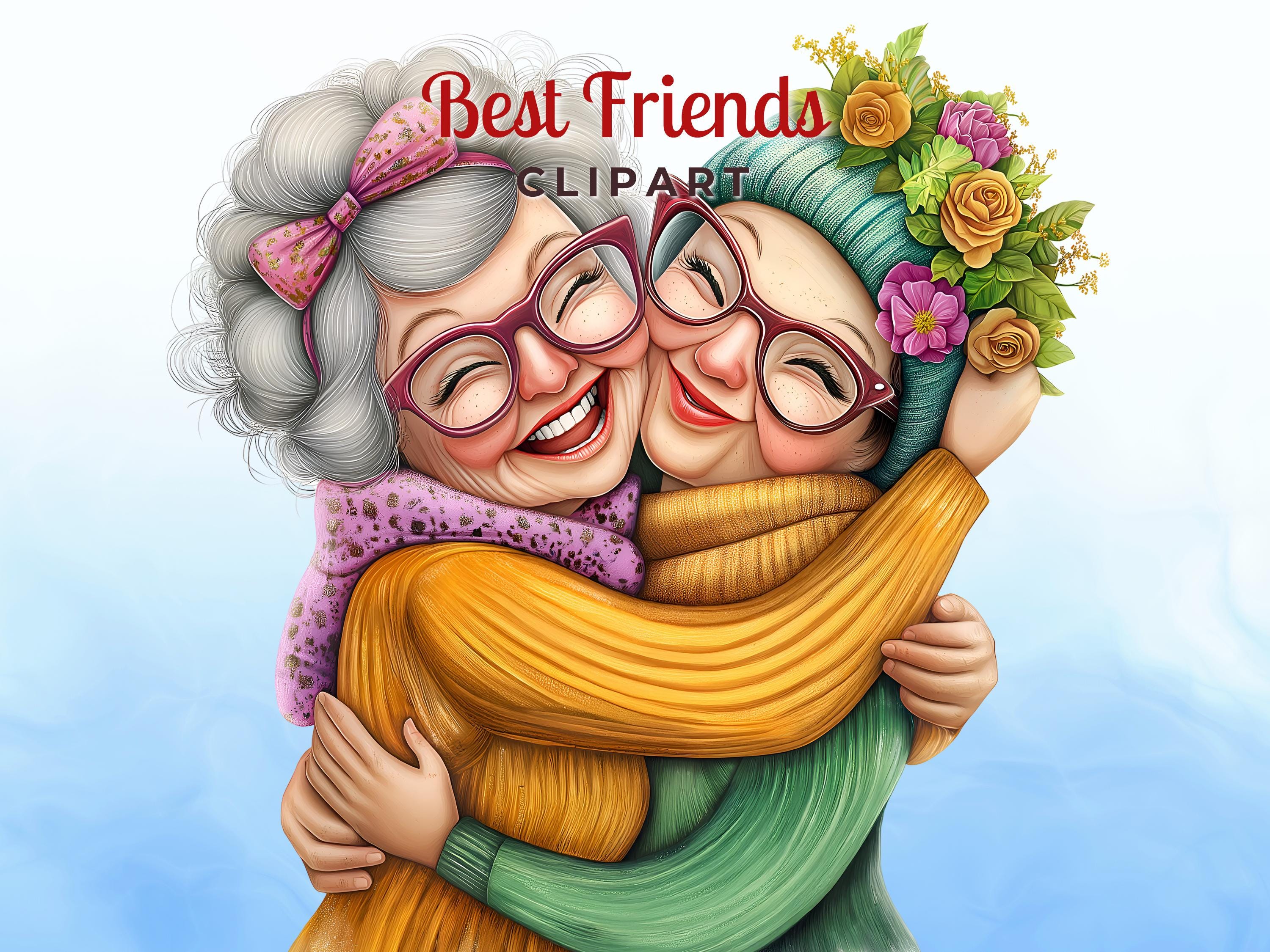 Best Friends Hug Clipart – Front view - Digital Illustration of Mature Senior Besties Hugging – Friendship Art for DIY Crafts, Cards & Gifts