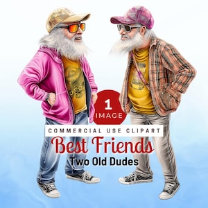 Clipart de mejores amigos (vista frontal) - Ilustración digital divertida de mejores amigos mayores - Arte de amistad para manualidades y regalos
