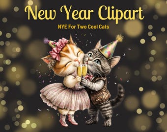 New Year&#39;s Eve Clipart, NYE for Two Cool Cats, 80&#39;s Dress, Champagne, Love, Commercial Use, Transparent Background, Single Image, PNG