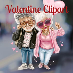 Elegante coppia di anziani Clipart di San Valentino - Invecchieremo insieme - Amore romantico Arte digitale