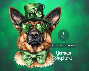 St. Patrick’s Day German Shepherd Clipart | Lucky Dog PNG | Leprechaun Dog Digital Download | St Paddy’s Sublimation | Green Dog Art