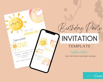 First Trip Around the Sun 1st Birthday Invitation Template Boho Birthday Invite First Birthday Party Evite Edit Download Print
