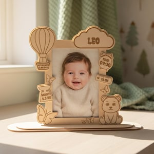 May include: Wooden photo frame with a baby's picture. The frame has decorative cutouts of a hot air balloon, butterflies, a scale (4.3 kg), a cloud with the name "LEO", an alarm clock (09:30), a ruler (53 cm), and a bear.