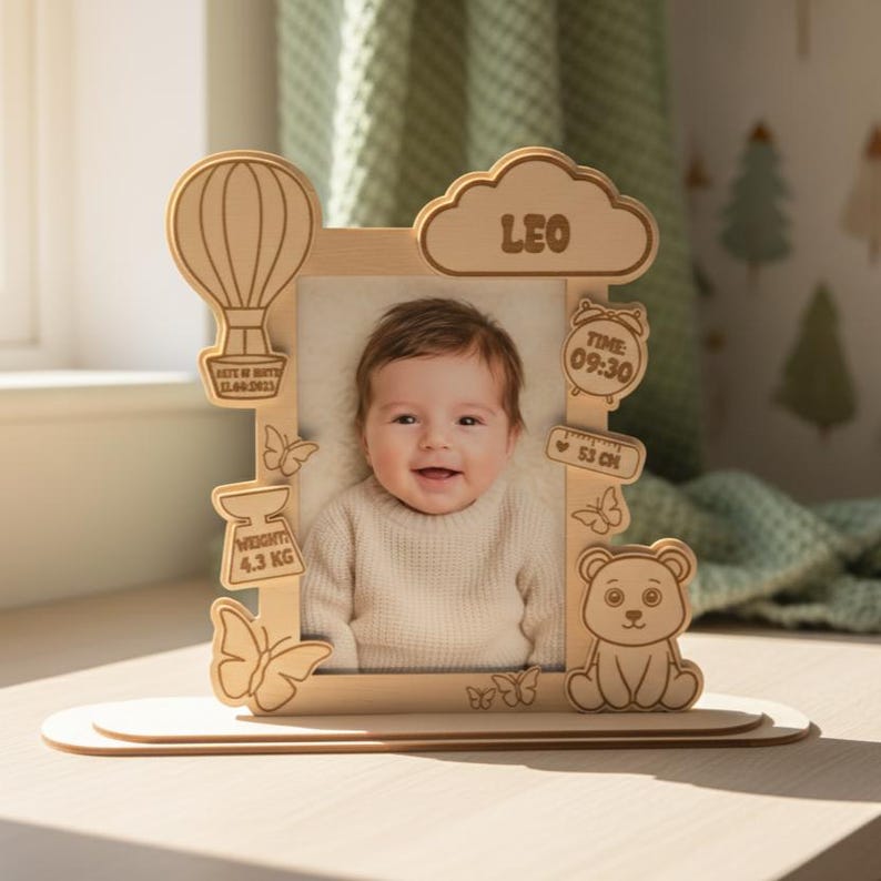May include: Wooden photo frame with a baby's picture. The frame has decorative cutouts of a hot air balloon, butterflies, a scale (4.3 kg), a cloud with the name "LEO", an alarm clock (09:30), a ruler (53 cm), and a bear.