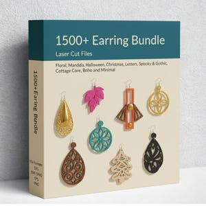 May include: A product box titled "1500+ Earring Bundle" with laser cut files. The box displays various earring designs in gold, pink, teal, brown, orange, and black. Styles include floral, leaf, geometric, and Christmas tree shapes. File formats include SVG, DXF, DWG, EPS, and PNG.