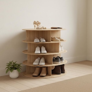 以下が含まれることがあります： 4段の円形棚がある明るい色の木製靴ラック。ハイヒール、スニーカー、ブーツなど、さまざまな靴が棚に展示されています。ラックの左側には小さな鉢植えの植物があります。