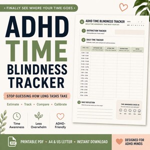May include: A printable ADHD Time Blindness Tracker document featuring a distraction tracker, a daily time tracker with hourly slots from 6 AM to 10 PM, a daily reflection section, and a time awareness check-in scale with five emoji faces.