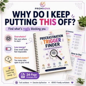 Könnte beinhalten: Ein 24-seitiges druckbares PDF-Arbeitsbuch mit dem Titel Procrastination Trigger Finder von Promnova. Das Cover zeigt eine Lupe über einer Kopf-Silhouette mit Text, der Aufgabenvermeidung, exekutive Dysfunktion und ADHD-freundliche Arbeitsblätter erklärt.