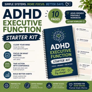 Pode incluir: Um caderno de exercícios ADHD Executive Function Starter Kit com encadernação em espiral, capa azul-escura, ícone de cérebro branco e texto verde. O kit inclui 10 páginas de folhas de planejamento imprimíveis como brain dump e planejador.