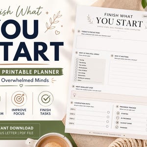 Puede incluir: Un planificador imprimible para TDAH con el texto "Finish What You Start" y "ADHD Printable Planner for Overwhelmed Minds". El diseño incluye secciones para tareas de enfoque, seguimiento del progreso y una ruta de finalización. El planificador está disponible en formatos PDF A4 y US Letter.