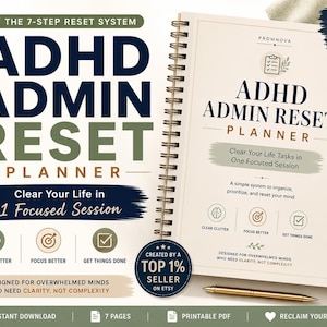 May include: A spiral-bound planner with the title "ADHD Admin Reset Planner" is displayed. The cover features text including "Clear Your Life in 1 Focused Session" and icons for clearing clutter, focusing better, and getting things done. The planner is designed for those who need clarity.