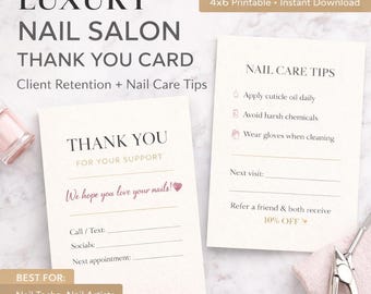 Luxury Nail Salon Thank You Card Printable 4x6 | Client Retention Card + Nail Care Tips | Rebooking Reminder + Referral Discount | PDF JPG