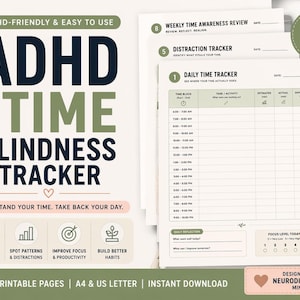 May include: A printable ADHD time blindness tracker with a daily time tracker, distraction tracker, and weekly time awareness review. The design includes the text "ADHD Time Blindness Tracker" and "Understand Your Time. Take Back Your Day."