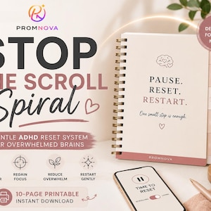 May include: A planner and smartphone are displayed on a white surface. The planner, with a spiral binding, features the text "PAUSE. RESET. RESTART." and is labeled "DESIGNED FOR ADHD MINDS." The smartphone shows a "TIME TO RESET" screen. The image promotes an ADHD reset system.
