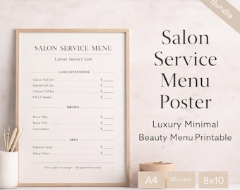 Luxury Salon Service Menu Poster Printable | Lash Menu Sign | Nail Salon Price List | Beauty Business Menu Board | Esthetician Spa Decor