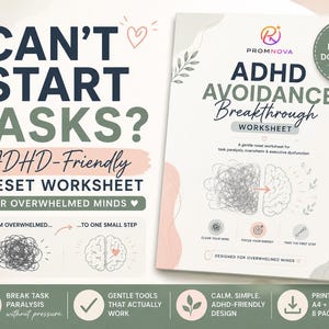 Peut inclure: Un produit numérique téléchargeable intitulé "ADHD Avoidance Breakthrough Worksheet". La couverture présente le texte : "Can't Start Tasks?" et "ADHD-Friendly Reset Worksheet". La conception comprend des illustrations du cerveau et d'un cœur, avec une palette de couleurs douces.