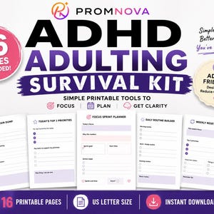 Op de afbeelding: Een digitale ADHD-overlevingskit voor volwassenen met 16 printbare pagina's, waaronder een brain dump, prioriteiten, sprintplanner, dagelijkse routinebouwer en weekplanner met paarse en zwarte tekst op witte vellen papier.