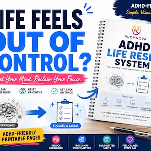 May include: A spiral-bound notebook titled "ADHD Life Reset System" with the text "Life Feels Out of Control?" and "Reset Your Mind. Reclaim Your Focus." The notebook is designed for productivity and organization. A blue mug with the text "One Step at a Time" is also visible.