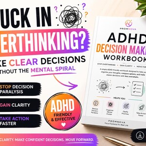 Może przedstawiać: Zeszyt ćwiczeń zatytułowany ADHD Decision Making Workbook od Promnova z białą okładką, czarnym tekstem, ikoną mózgu, listą kontrolną i kolorową grafiką. Otaczający tekst zawiera hasła Stuck in Overthinking, Make Clear Decisions oraz ADHD Friendly.