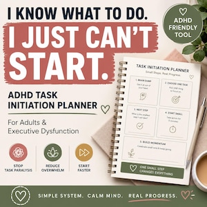 Może przedstawiać: Spiralny planer inicjowania zadań ADHD z białą okładką, czarnym tekstem i ikonami. Planer zawiera pięć kroków: brain dump, wybierz jedno zadanie, następny krok, zacznij od małych rzeczy i buduj impet. Obok planera leży długopis.