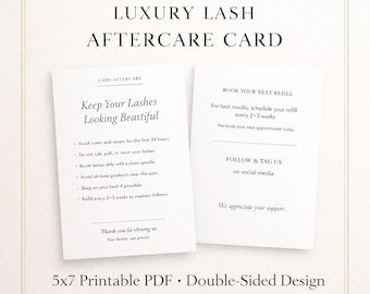 Lash Aftercare Card 5x7 Printable PDF | Luxury Lash Extension Care Instructions | Double-Sided Client Card for Lash Artists