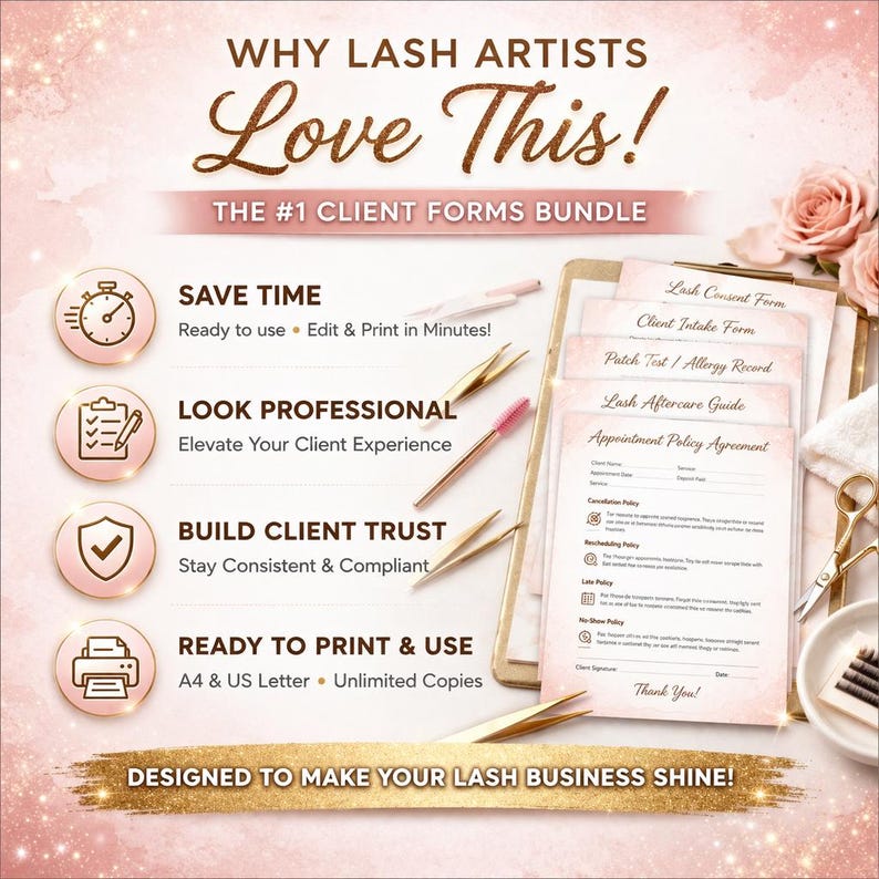 May include: A promotional image for lash artists featuring a client forms bundle. The image includes text that reads "Why Lash Artists Love This!" and "The #1 Client Forms Bundle." The image also includes lash tools and forms.