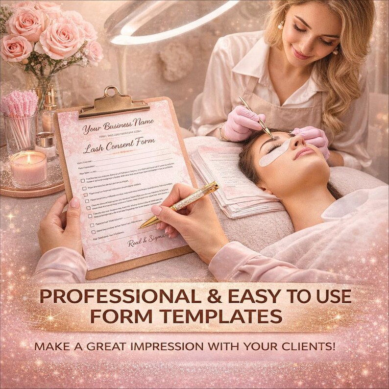 May include: A clipboard with a "Lash Consent Form" is held by a person, with a pen in hand. The form is being filled out while another person is receiving a lash treatment. The image includes text that says "Professional & Easy to Use Form Templates".